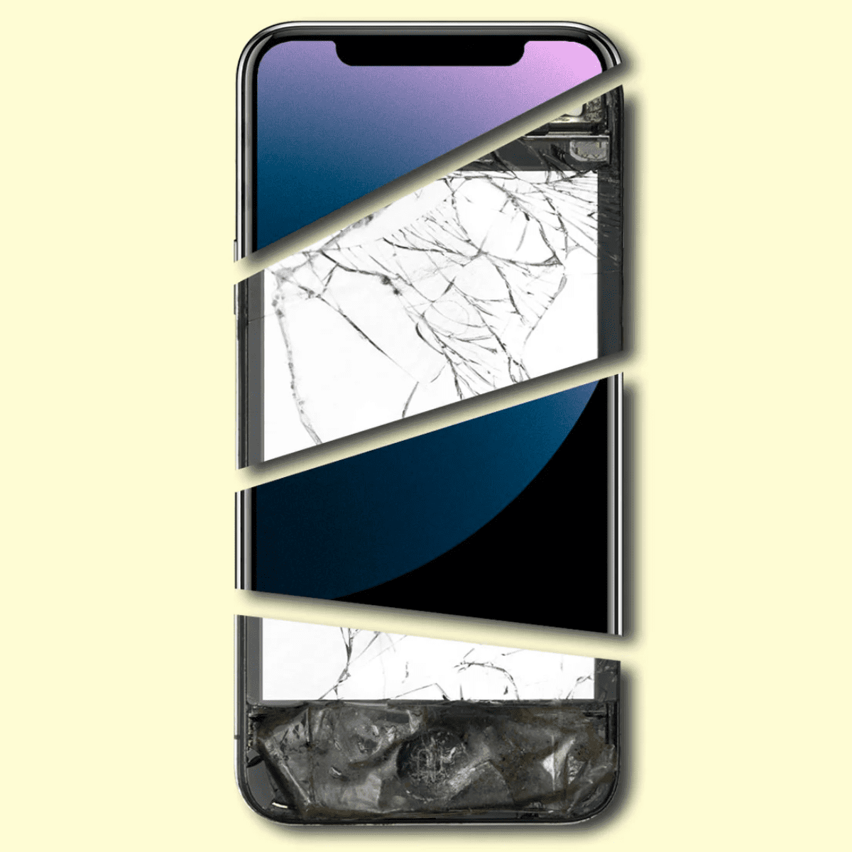 a shattered cell phone on a yellow background