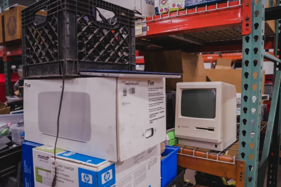 A Macintosh Plus, originally manufactured in 1986, on the shelf of Repowered’s warehouse in St. Paul, MN